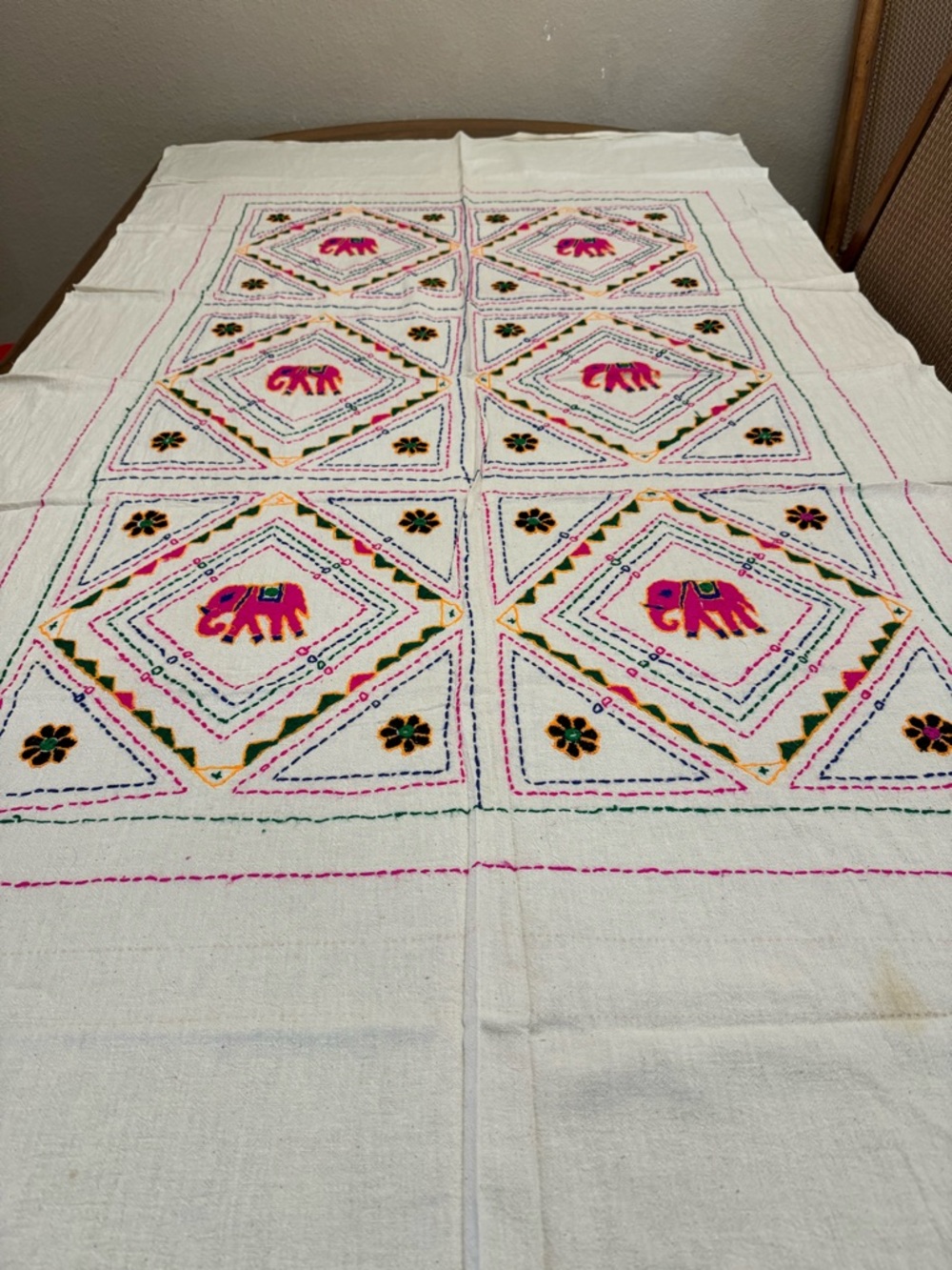 Hand-Embroidered Pink Elephant Table cloth hand crafted